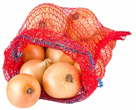 "Fresh onions in package, isolated on white background"